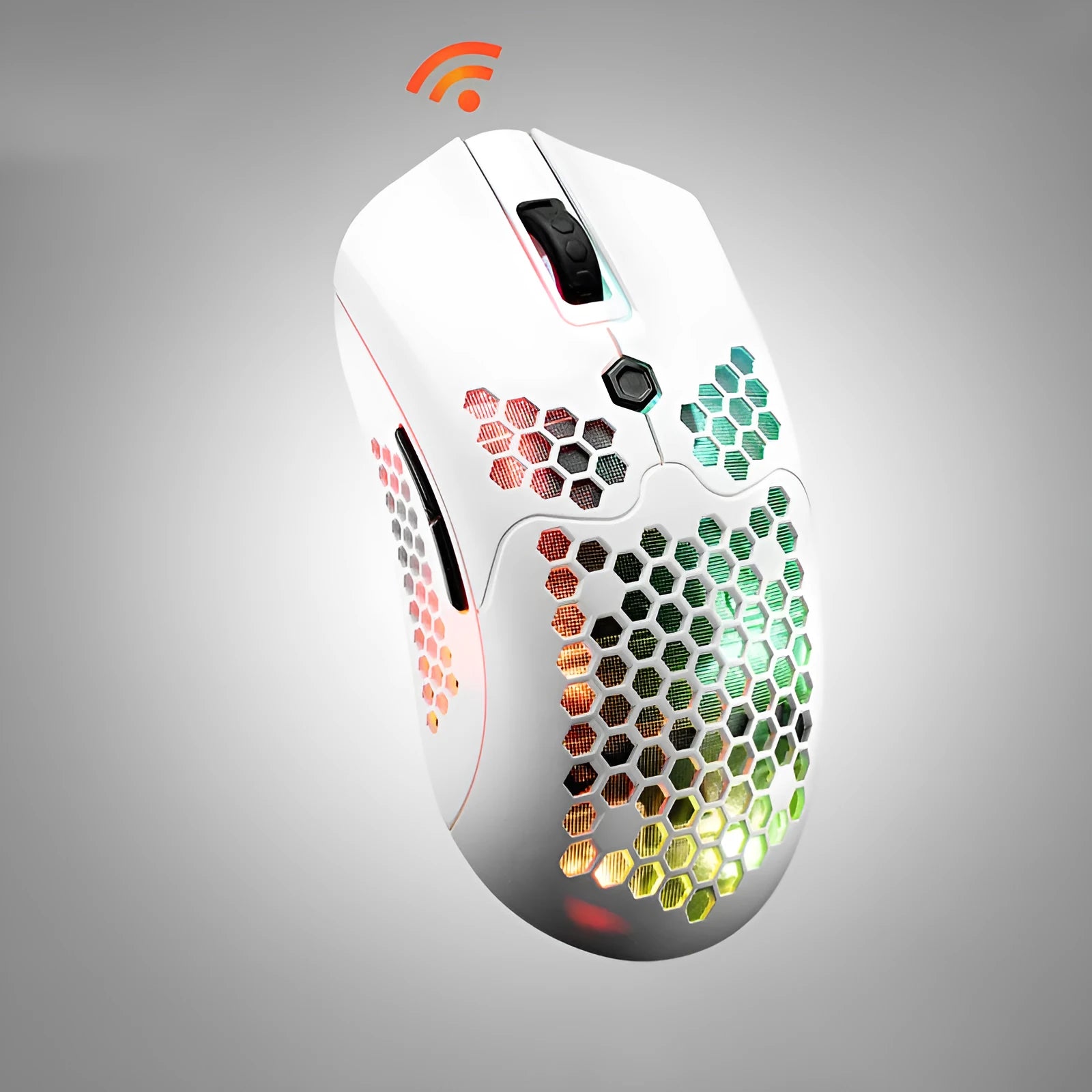Free Wolf X2 Wireless Mouse in black with 7 keys and four-way scroll wheel on a desk