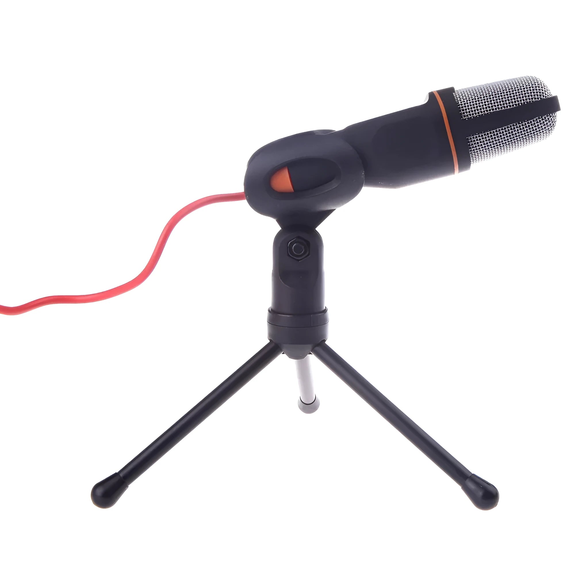Black wired PC microphone with flexible gooseneck and metal clip on a computer monitor, showing 3.5mm plug.