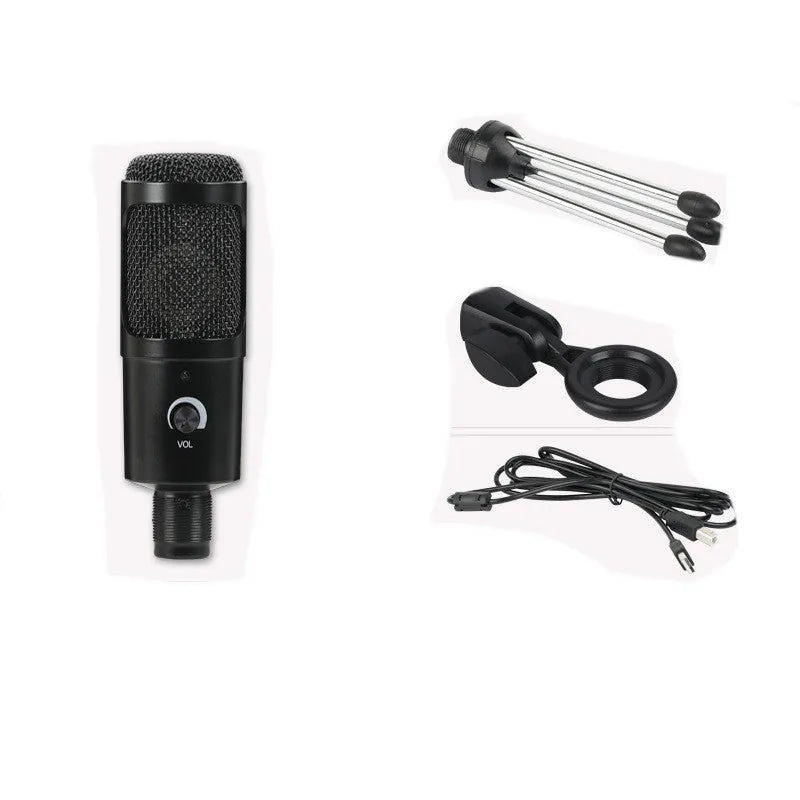 Black wireless condenser microphone with super-cardioid pickup, 7.1 channel support, and mounting bracket on a desk setup