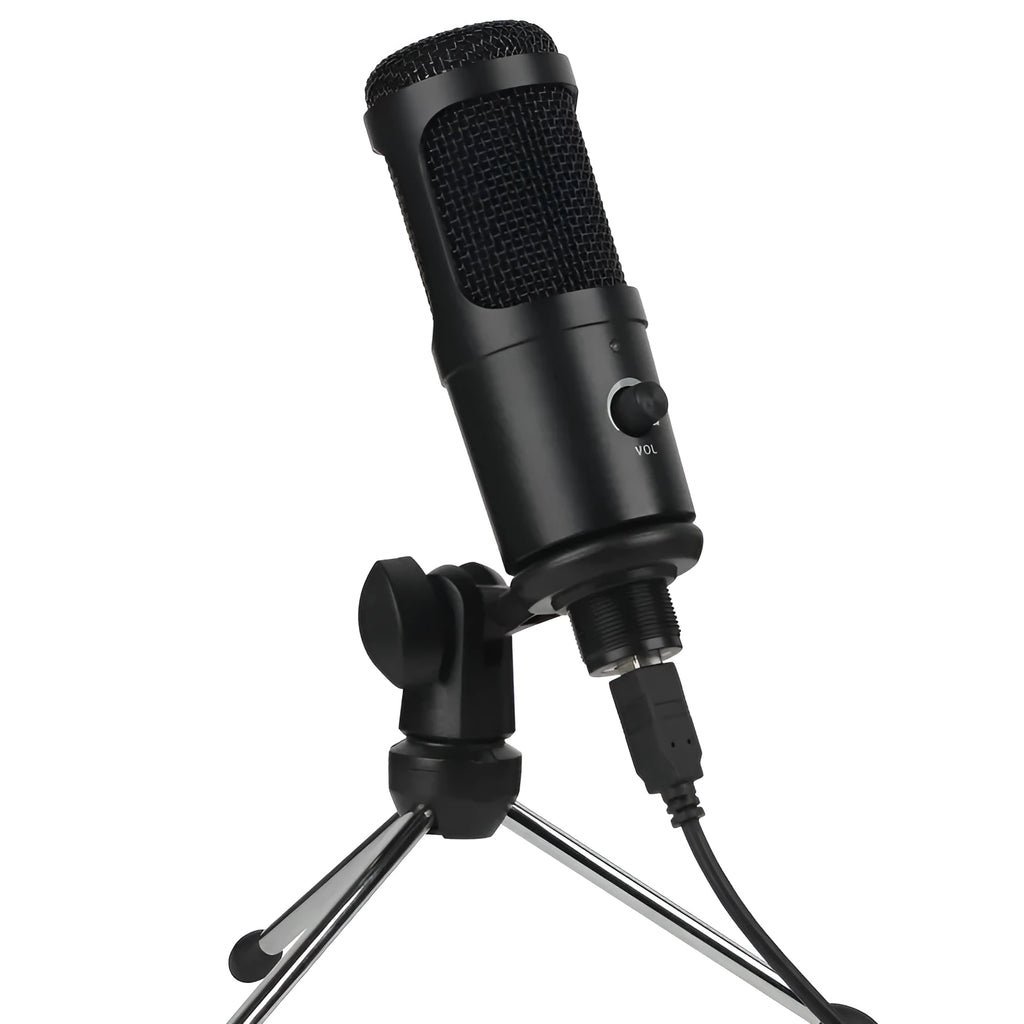 Black wireless condenser microphone with super-cardioid pickup, 7.1 channel support, and mounting bracket on a desk setup