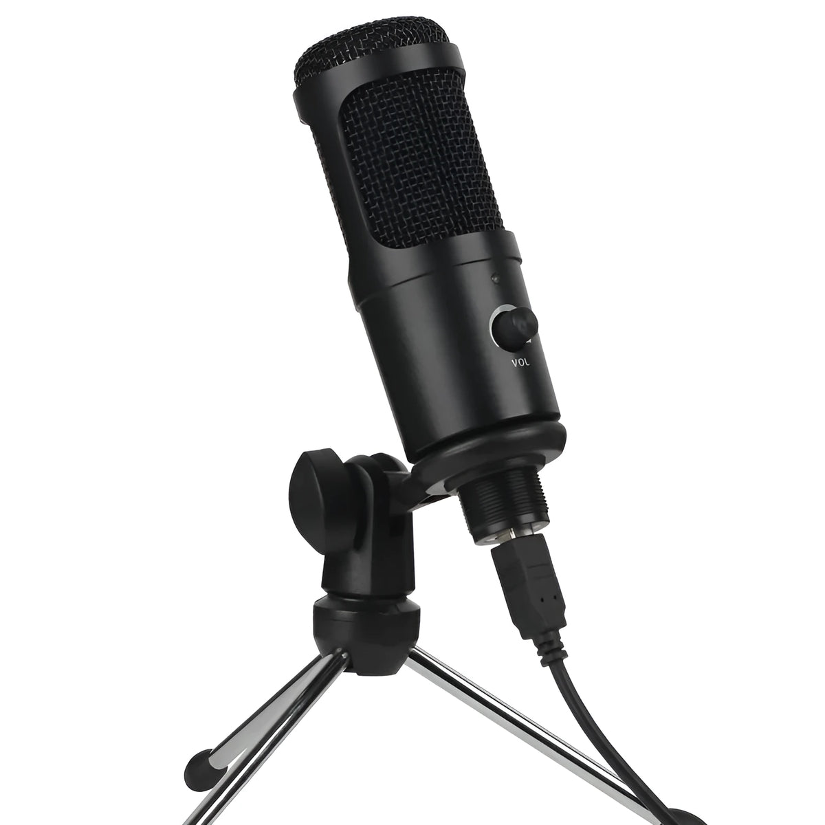 Black wireless condenser microphone with super-cardioid pickup, 7.1 channel support, and mounting bracket on a desk setup