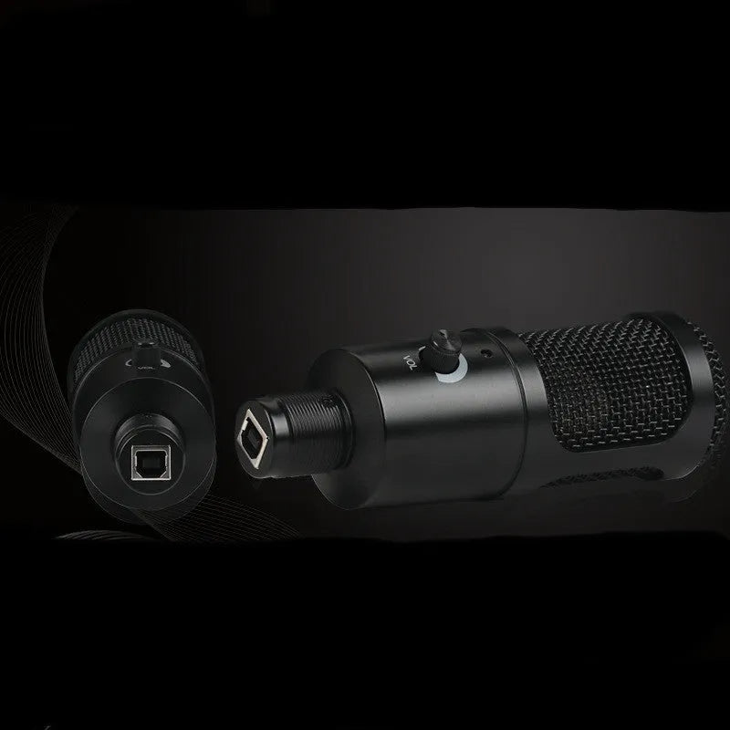 Black wireless condenser microphone with super-cardioid pickup, 7.1 channel support, and mounting bracket on a desk setup