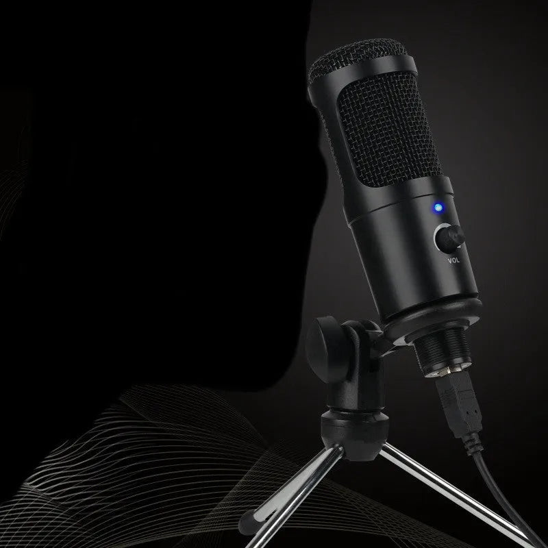 Black wireless condenser microphone with super-cardioid pickup, 7.1 channel support, and mounting bracket on a desk setup