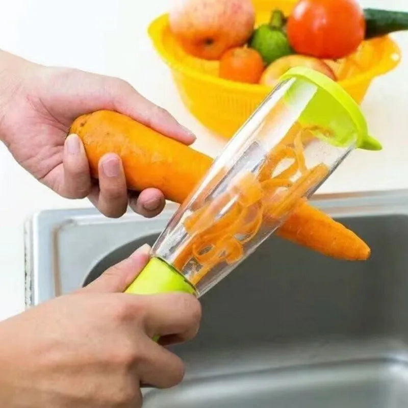 Multifunctional storage box peeler with transparent box and green handle, 21x8x8cm