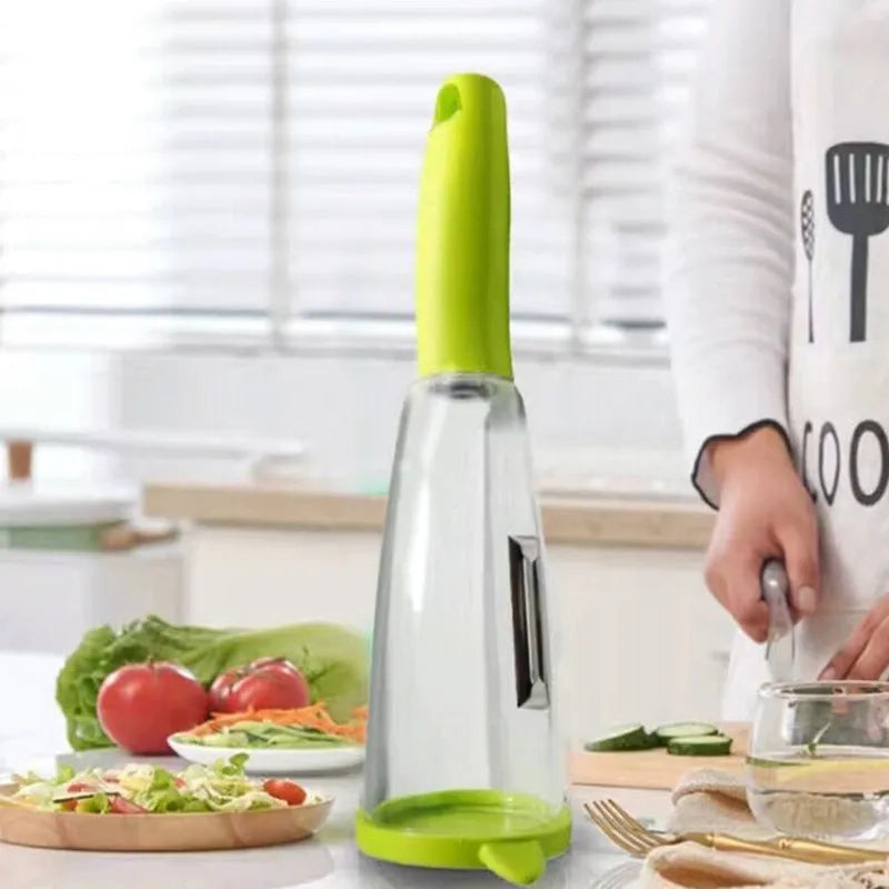 Multifunctional storage box peeler with transparent box and green handle, 21x8x8cm