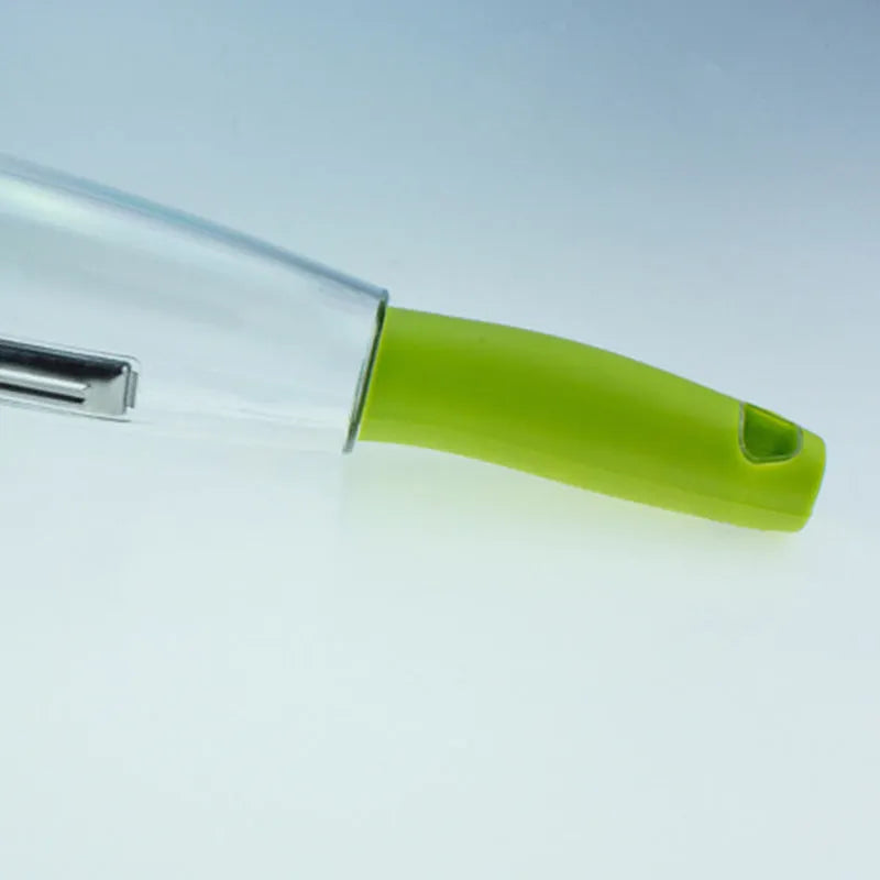 Multifunctional storage box peeler with transparent box and green handle, 21x8x8cm