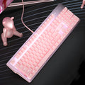 Pink-coloured wired mechanical keyboard and mouse set on a desk.