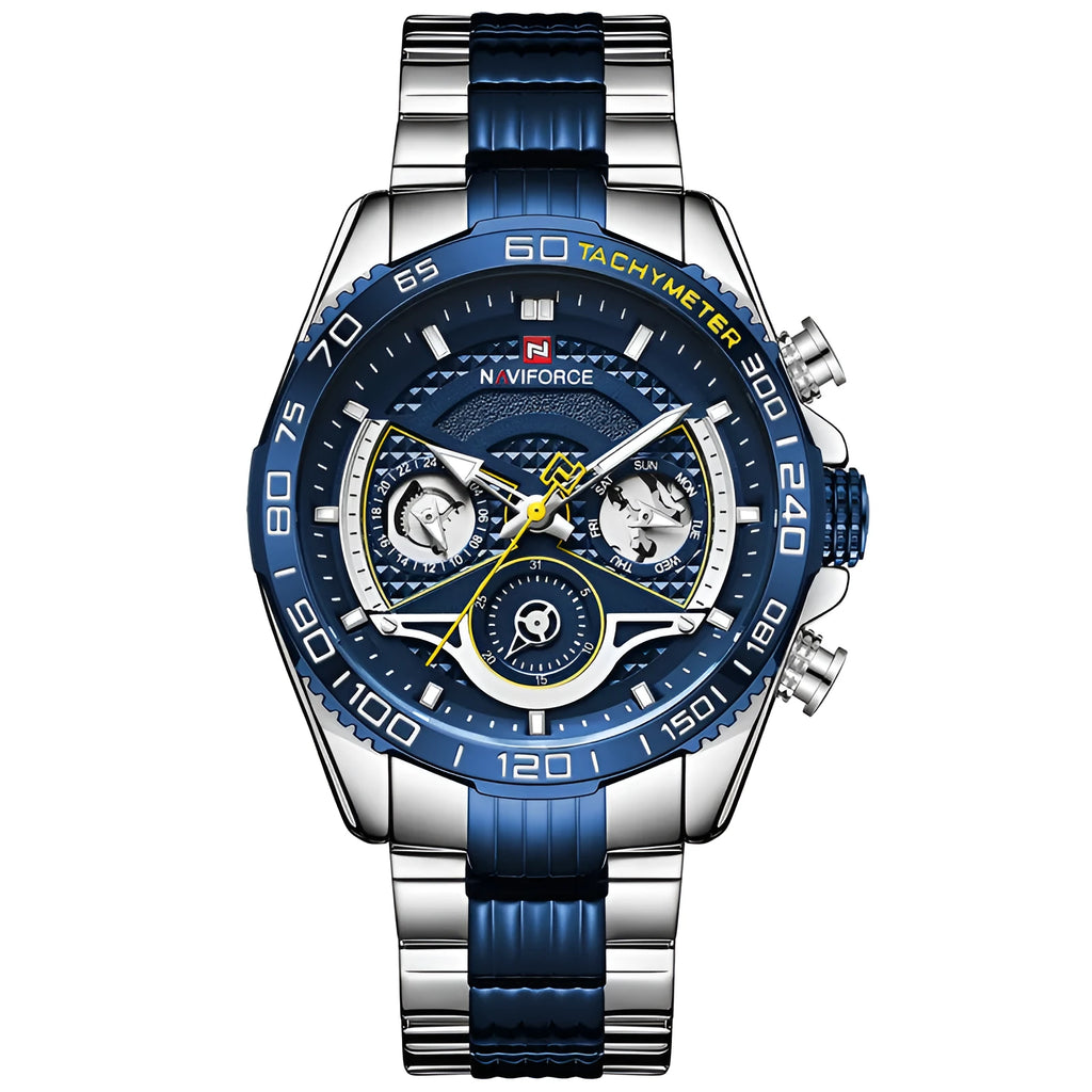 Lingxiang 9185 men's sports watch with 45mm round dial and six-pin stainless steel band