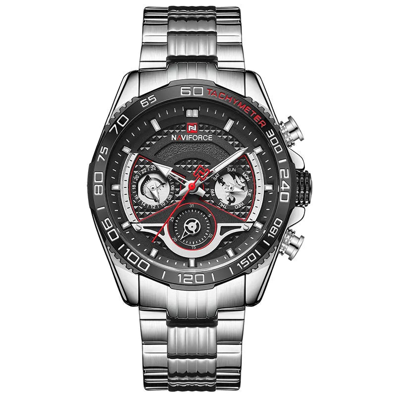 Lingxiang 9185 men's sports watch with 45mm round dial and six-pin stainless steel band