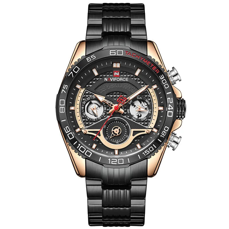 Lingxiang 9185 men's sports watch with 45mm round dial and six-pin stainless steel band