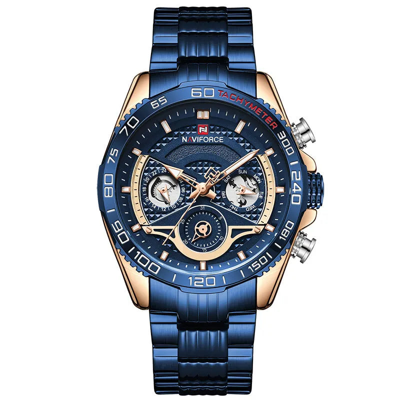 Lingxiang 9185 men's sports watch with 45mm round dial and six-pin stainless steel band