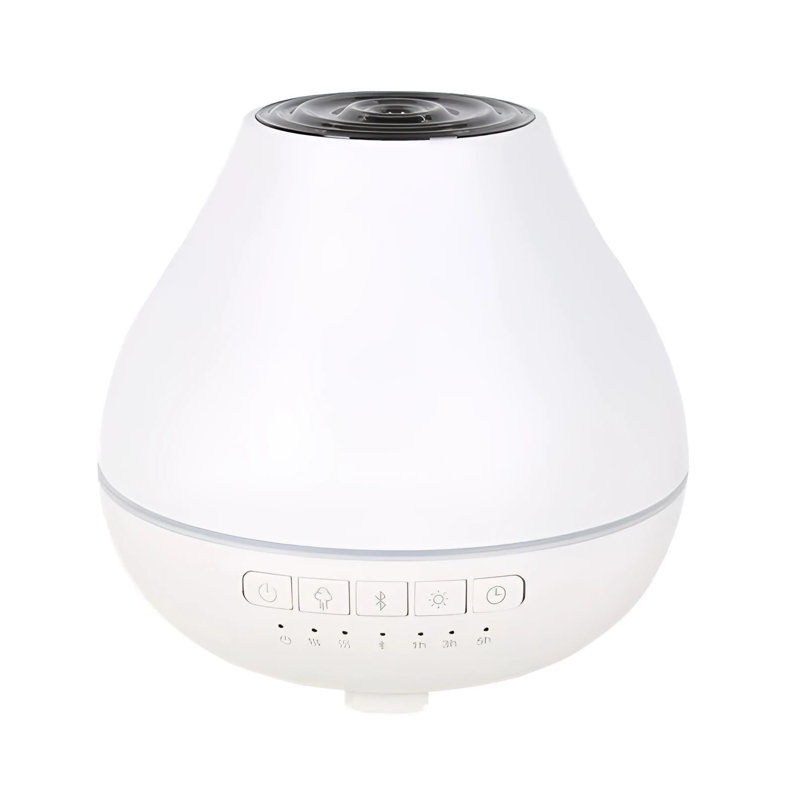 Round white Bluetooth humidifier and essential oil aroma diffuser with night light on a wooden surface.