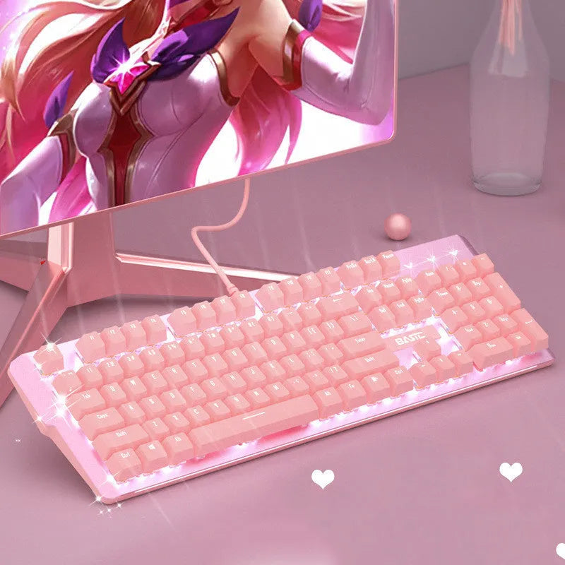 Pink-coloured wired mechanical keyboard and mouse set on a desk.