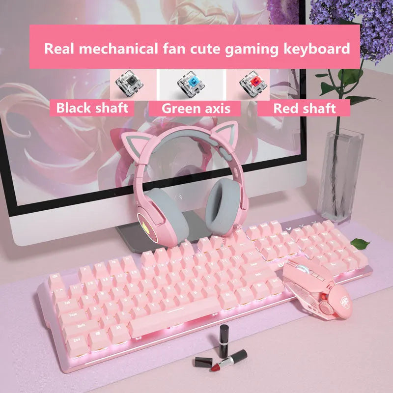 Pink-coloured wired mechanical keyboard and mouse set on a desk.