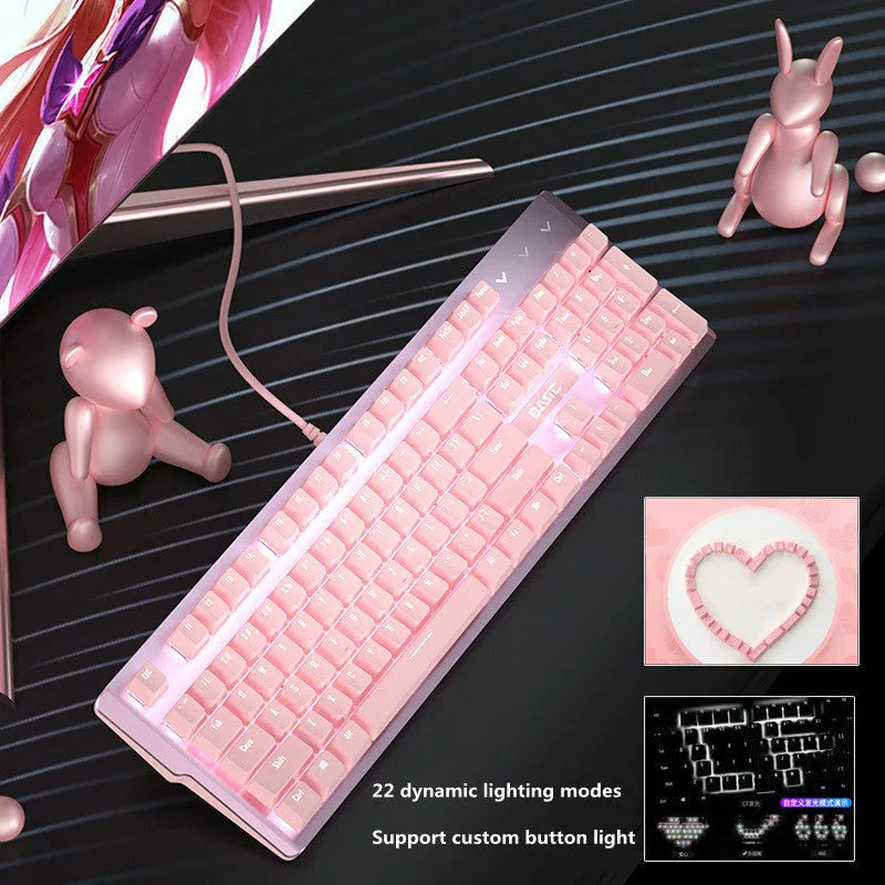 Pink-coloured wired mechanical keyboard and mouse set on a desk.