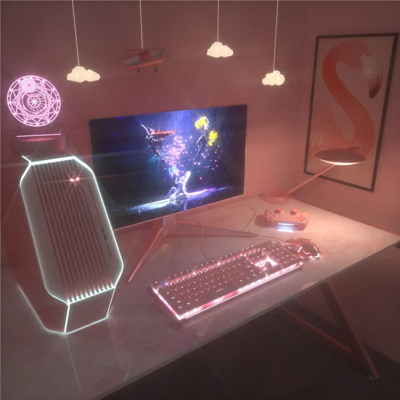 Pink-coloured wired mechanical keyboard and mouse set on a desk.