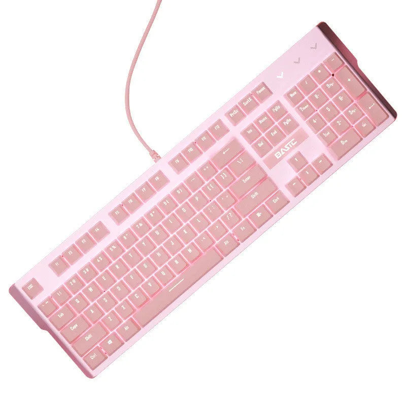 Pink-coloured wired mechanical keyboard and mouse set on a desk.