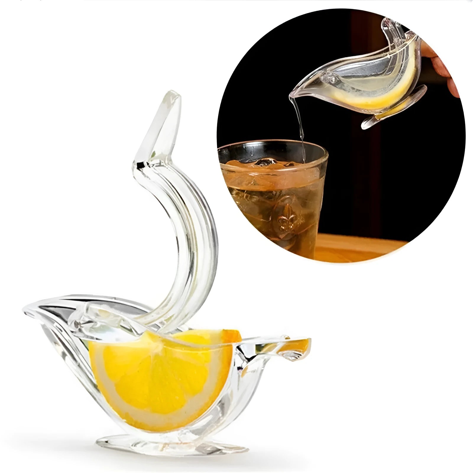 Transparent acrylic manual lemon juicer with bird design for fresh citrus extraction