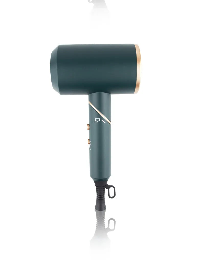 Foldable hair dryer in dark green with gold trim, showing concentrator nozzle and diffuser attachment.