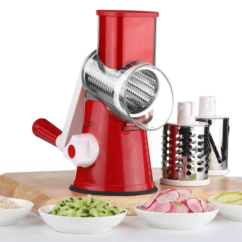 Blue vegetable chopper kitchen gadget with suction cup base for slicing potatoes and carrots