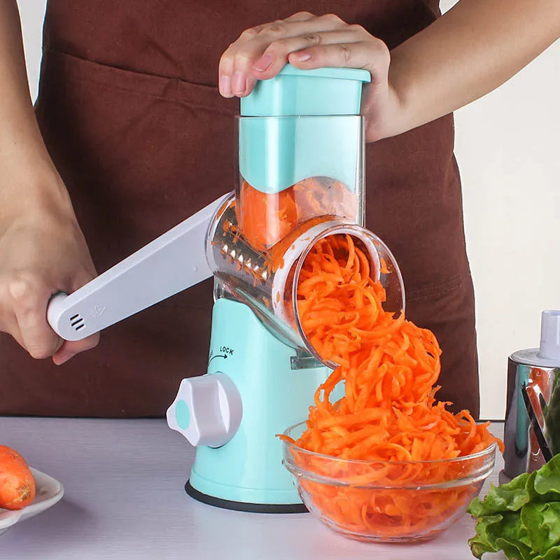 Blue vegetable chopper kitchen gadget with suction cup base for slicing potatoes and carrots