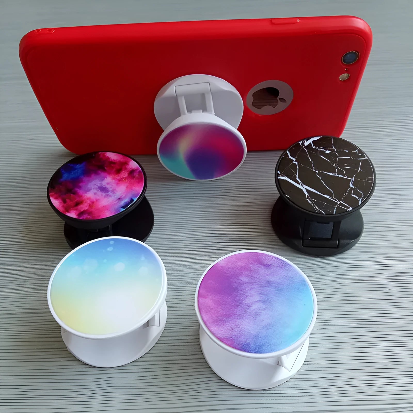 Folding mobile phone stand with thermal transfer aluminium finish in desktop use position