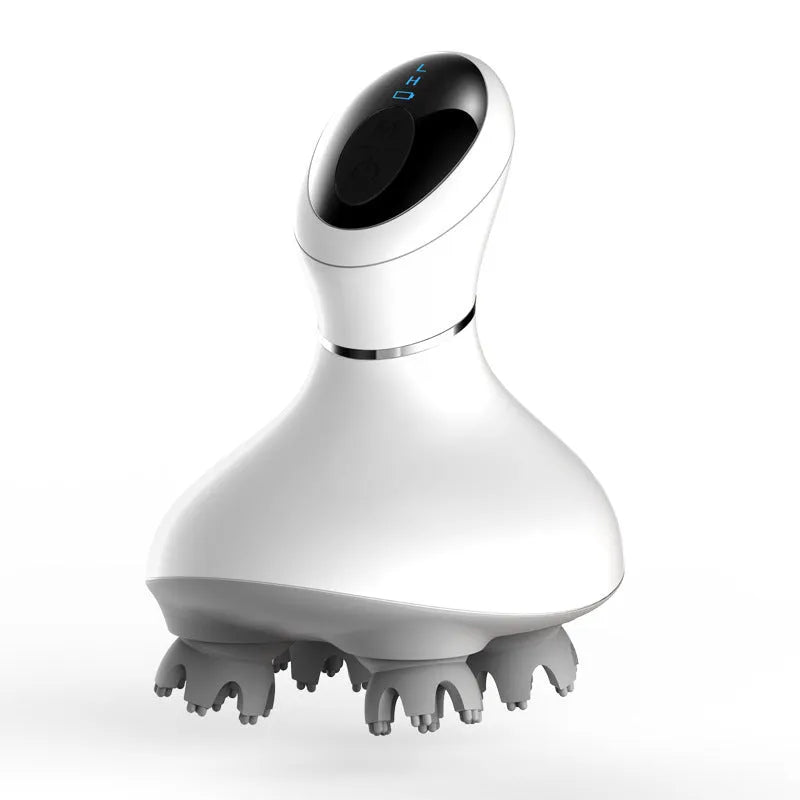 White rechargeable waterproof electric scalp head massager with wireless remote control on a surface
