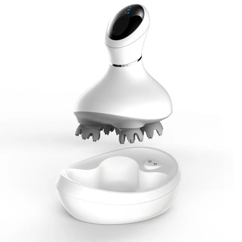 White rechargeable waterproof electric scalp head massager with wireless remote control on a surface