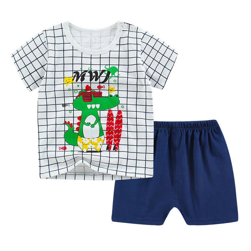 Children's cotton two-piece clothing set with cartoon print featuring short sleeves and matching shorts