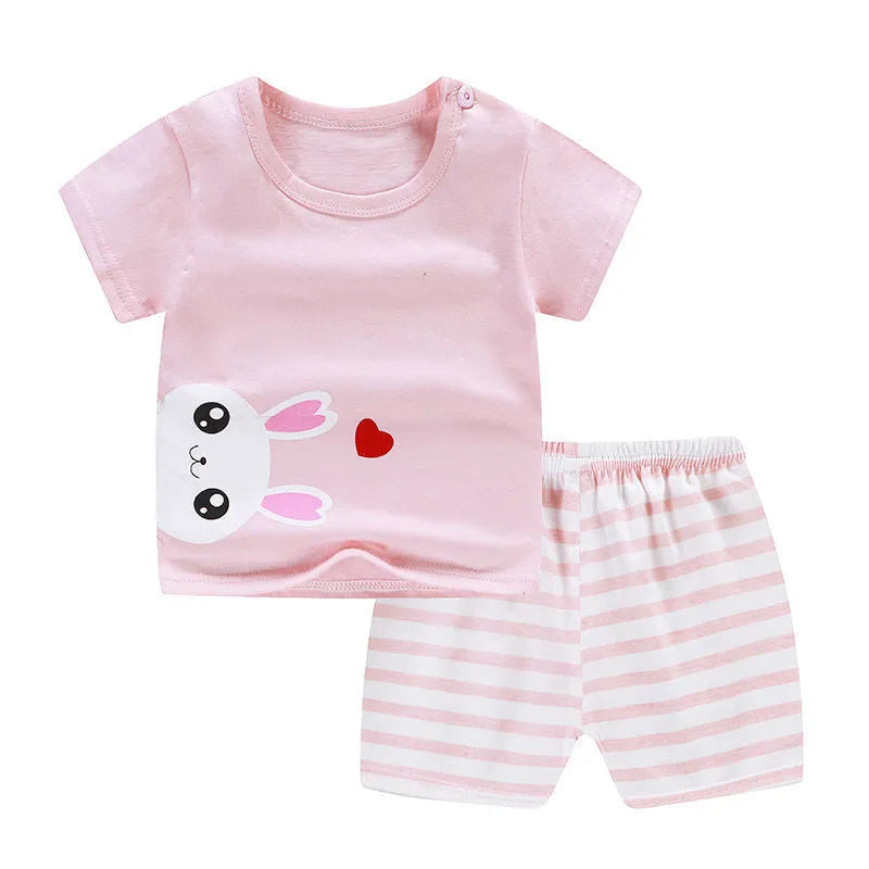 Children's cotton two-piece clothing set with cartoon print featuring short sleeves and matching shorts
