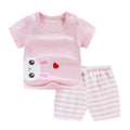 Children's cotton two-piece clothing set with cartoon print featuring short sleeves and matching shorts