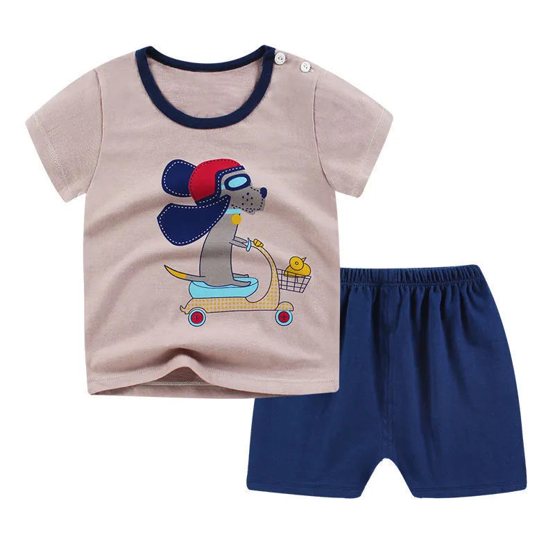 Children's cotton two-piece clothing set with cartoon print featuring short sleeves and matching shorts