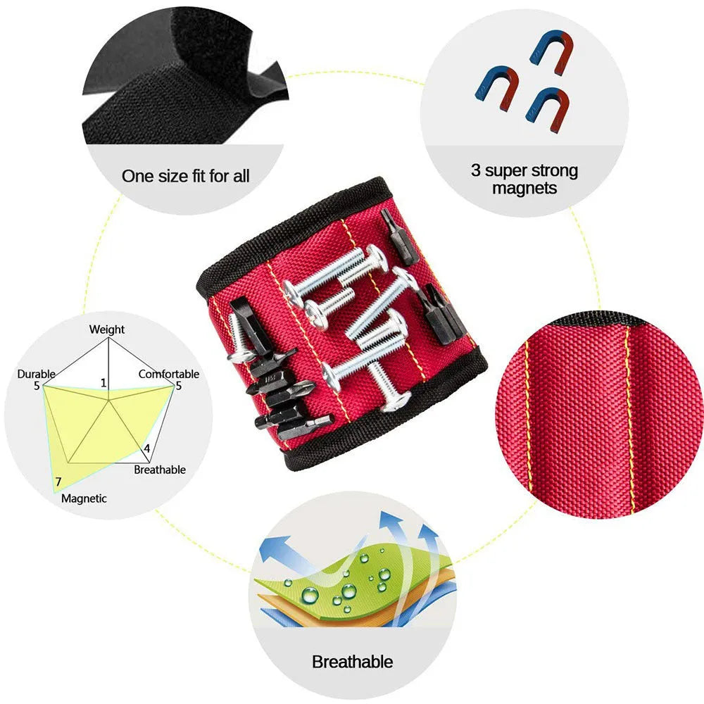 Fifteen-compartment powerful magnetic wristband in nylon, blue colour, with rows of magnets holding screws and nails