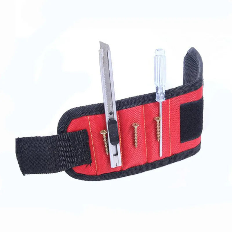 Fifteen-compartment powerful magnetic wristband in nylon, blue colour, with rows of magnets holding screws and nails