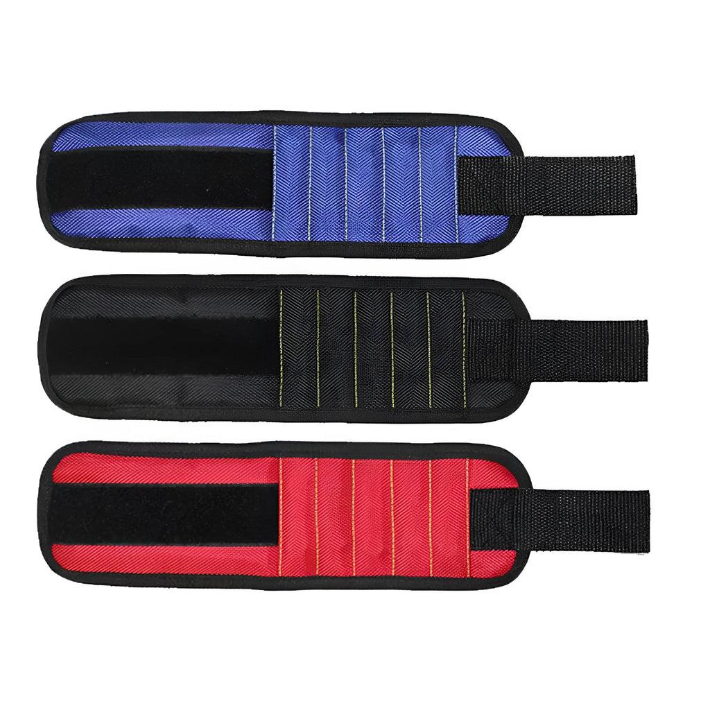 Fifteen-compartment powerful magnetic wristband in nylon, blue colour, with rows of magnets holding screws and nails