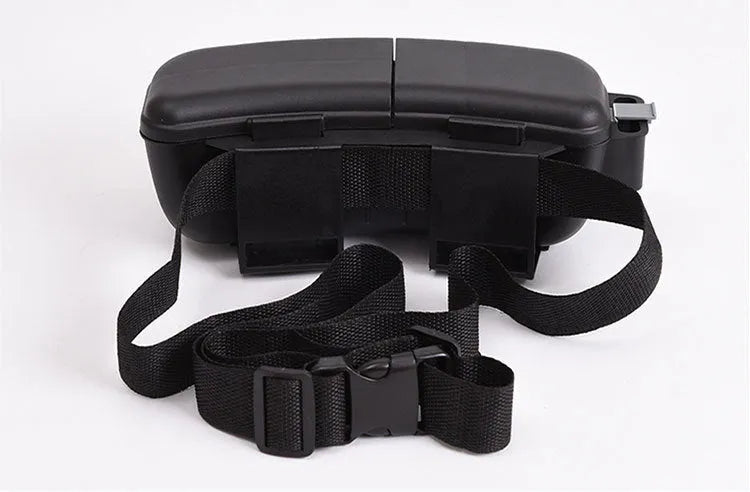 Black waist-mounted super hard plastic fishing bait box with adjustable belt on hip