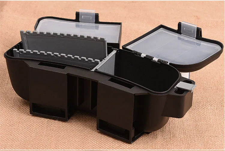 Black waist-mounted super hard plastic fishing bait box with adjustable belt on hip