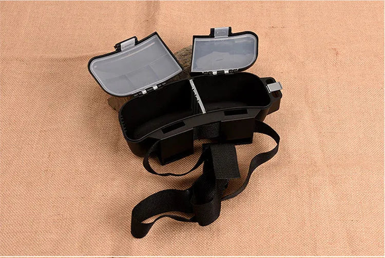 Black waist-mounted super hard plastic fishing bait box with adjustable belt on hip