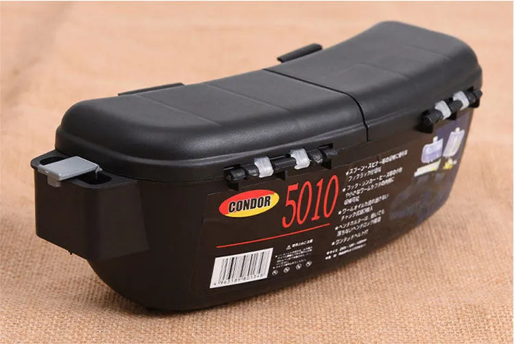 Black waist-mounted super hard plastic fishing bait box with adjustable belt on hip