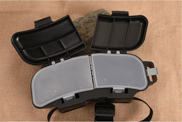 Black waist-mounted super hard plastic fishing bait box with adjustable belt on hip
