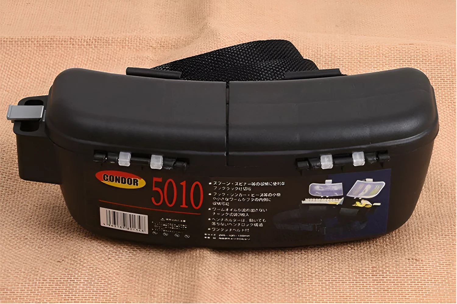 Black waist-mounted super hard plastic fishing bait box with adjustable belt on hip