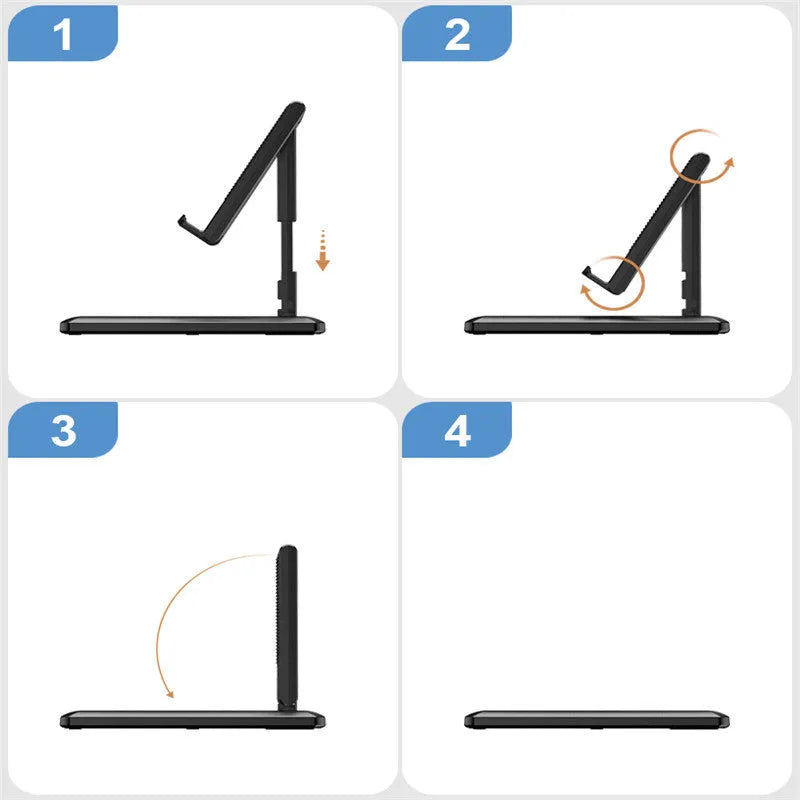 Retractable folding mobile phone desktop stand in black, shown extended in use and collapsed flat.