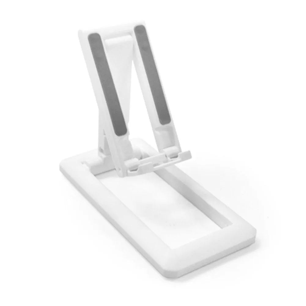 Retractable folding mobile phone desktop stand in black, shown extended in use and collapsed flat.