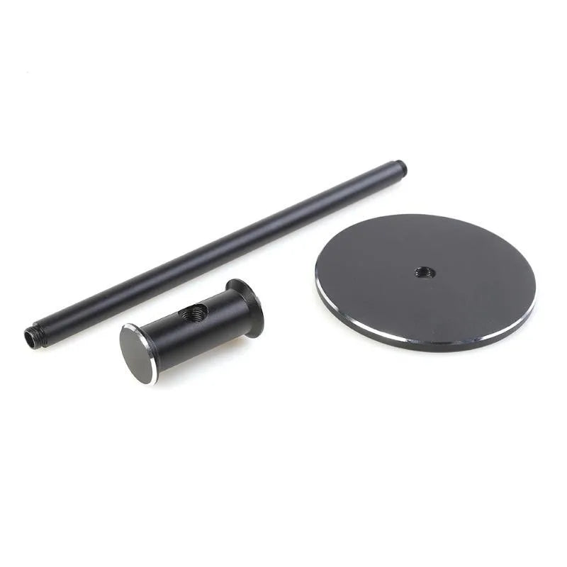 Black aluminium alloy headset bracket storage stand on a desk holding earphones