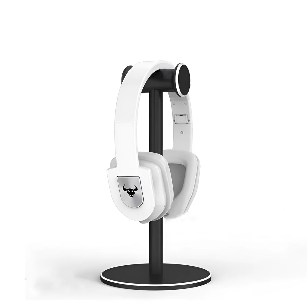 Black aluminium alloy headset bracket storage stand on a desk holding earphones