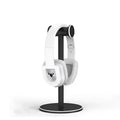 Black aluminium alloy headset bracket storage stand on a desk holding earphones