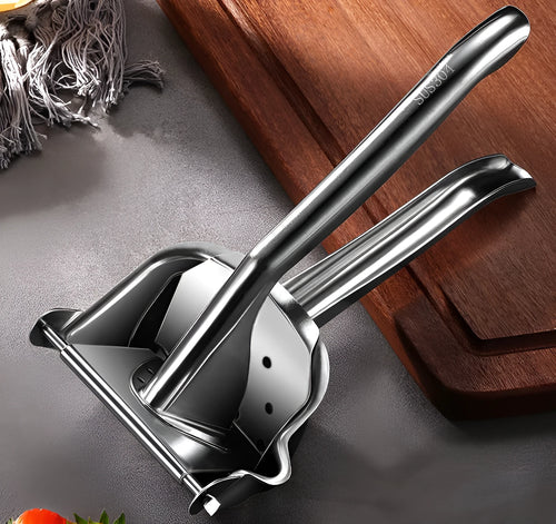 304 stainless steel manual juicer with porous filter and triangular juice outlet on kitchen counter