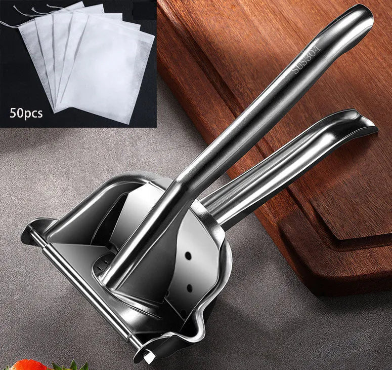 304 stainless steel manual juicer with porous filter and triangular juice outlet on kitchen counter