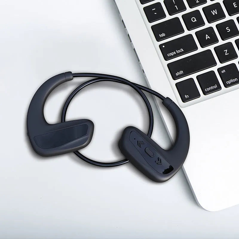 Black waterproof Bluetooth swimming headset with head-mounted design for sports use