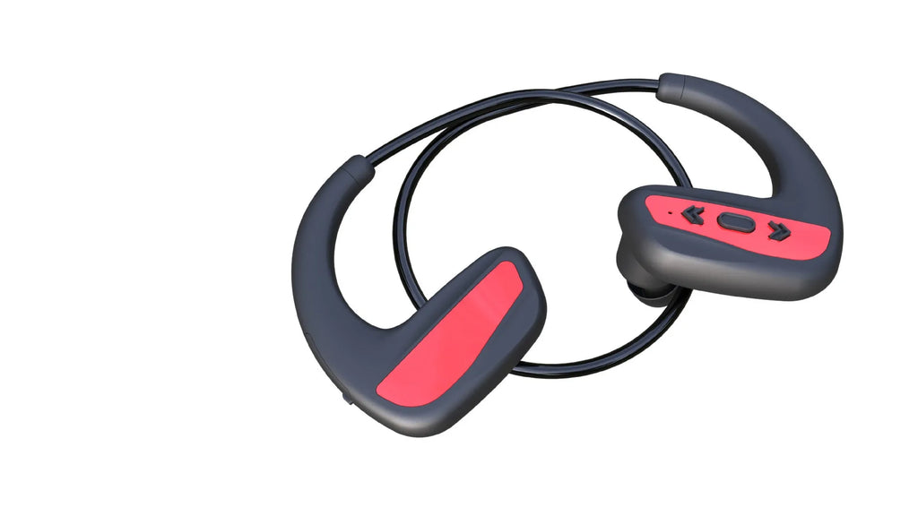Black waterproof Bluetooth swimming headset with head-mounted design for sports use